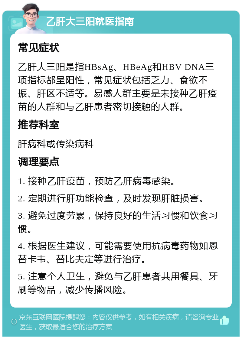 乙肝大三阳就医指南 常见症状 乙肝大三阳是指HBsAg、HBeAg和HBV DNA三项指标都呈阳性，常见症状包括乏力、食欲不振、肝区不适等。易感人群主要是未接种乙肝疫苗的人群和与乙肝患者密切接触的人群。 推荐科室 肝病科或传染病科 调理要点 1. 接种乙肝疫苗，预防乙肝病毒感染。 2. 定期进行肝功能检查，及时发现肝脏损害。 3. 避免过度劳累，保持良好的生活习惯和饮食习惯。 4. 根据医生建议，可能需要使用抗病毒药物如恩替卡韦、替比夫定等进行治疗。 5. 注意个人卫生，避免与乙肝患者共用餐具、牙刷等物品，减少传播风险。