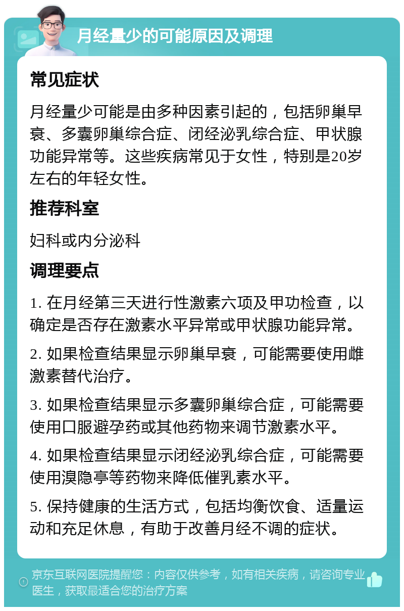 月经量少的可能原因及调理 常见症状 月经量少可能是由多种因素引起的，包括卵巢早衰、多囊卵巢综合症、闭经泌乳综合症、甲状腺功能异常等。这些疾病常见于女性，特别是20岁左右的年轻女性。 推荐科室 妇科或内分泌科 调理要点 1. 在月经第三天进行性激素六项及甲功检查，以确定是否存在激素水平异常或甲状腺功能异常。 2. 如果检查结果显示卵巢早衰，可能需要使用雌激素替代治疗。 3. 如果检查结果显示多囊卵巢综合症，可能需要使用口服避孕药或其他药物来调节激素水平。 4. 如果检查结果显示闭经泌乳综合症，可能需要使用溴隐亭等药物来降低催乳素水平。 5. 保持健康的生活方式，包括均衡饮食、适量运动和充足休息，有助于改善月经不调的症状。