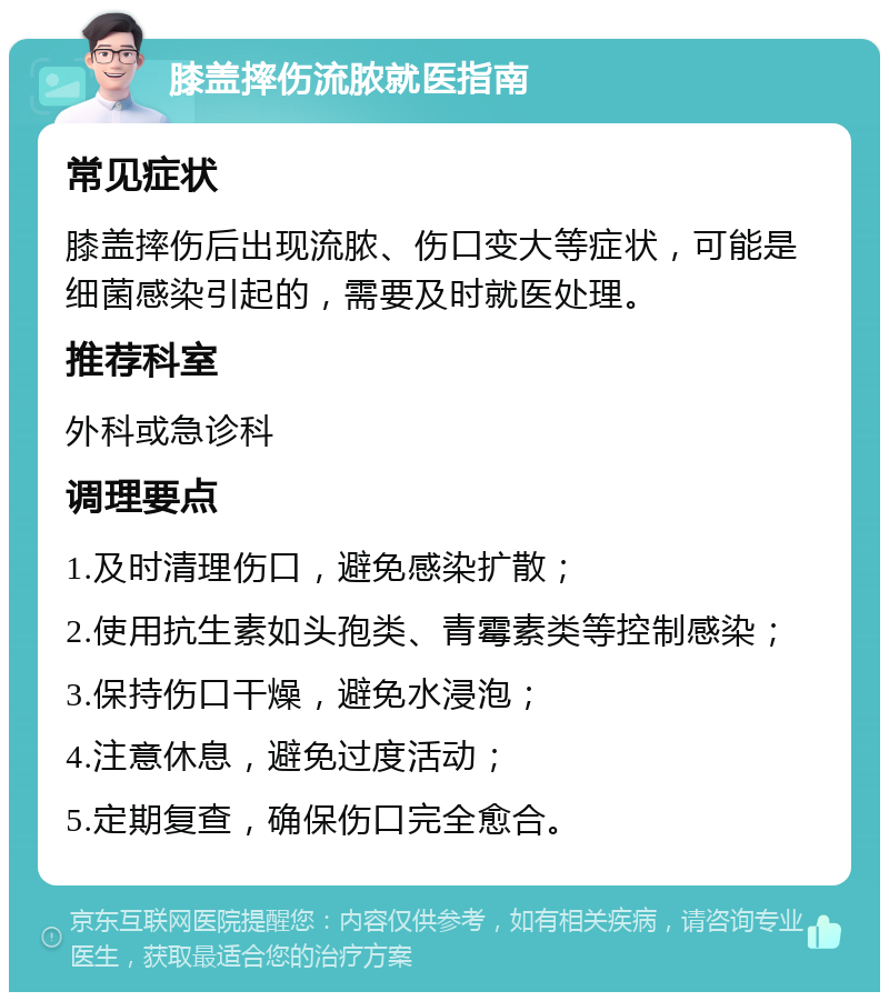 膝盖摔伤流脓就医指南 常见症状 膝盖摔伤后出现流脓、伤口变大等症状，可能是细菌感染引起的，需要及时就医处理。 推荐科室 外科或急诊科 调理要点 1.及时清理伤口，避免感染扩散； 2.使用抗生素如头孢类、青霉素类等控制感染； 3.保持伤口干燥，避免水浸泡； 4.注意休息，避免过度活动； 5.定期复查，确保伤口完全愈合。