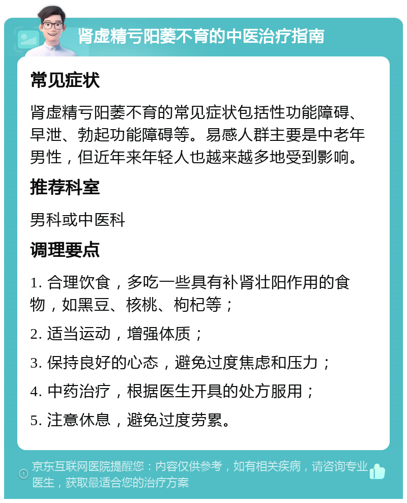 肾虚精亏阳萎不育的中医治疗指南 常见症状 肾虚精亏阳萎不育的常见症状包括性功能障碍、早泄、勃起功能障碍等。易感人群主要是中老年男性，但近年来年轻人也越来越多地受到影响。 推荐科室 男科或中医科 调理要点 1. 合理饮食，多吃一些具有补肾壮阳作用的食物，如黑豆、核桃、枸杞等； 2. 适当运动，增强体质； 3. 保持良好的心态，避免过度焦虑和压力； 4. 中药治疗，根据医生开具的处方服用； 5. 注意休息，避免过度劳累。