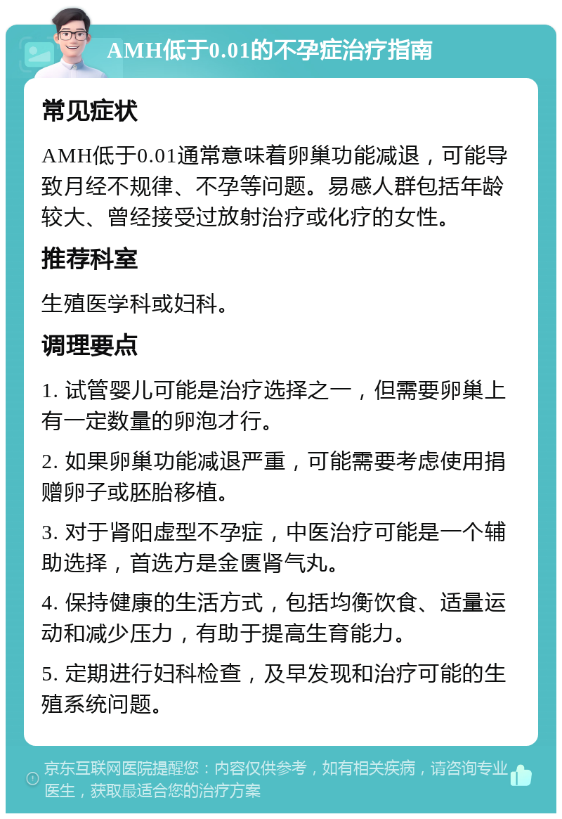 AMH低于0.01的不孕症治疗指南 常见症状 AMH低于0.01通常意味着卵巢功能减退，可能导致月经不规律、不孕等问题。易感人群包括年龄较大、曾经接受过放射治疗或化疗的女性。 推荐科室 生殖医学科或妇科。 调理要点 1. 试管婴儿可能是治疗选择之一，但需要卵巢上有一定数量的卵泡才行。 2. 如果卵巢功能减退严重，可能需要考虑使用捐赠卵子或胚胎移植。 3. 对于肾阳虚型不孕症，中医治疗可能是一个辅助选择，首选方是金匮肾气丸。 4. 保持健康的生活方式，包括均衡饮食、适量运动和减少压力，有助于提高生育能力。 5. 定期进行妇科检查，及早发现和治疗可能的生殖系统问题。