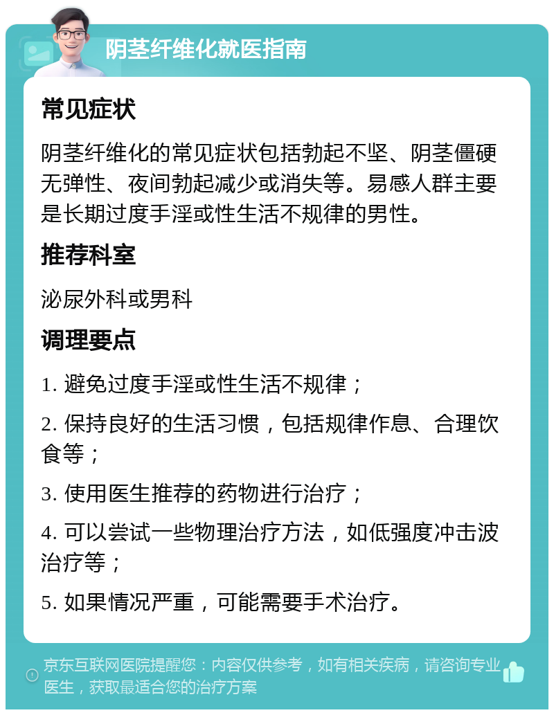 阴茎纤维化就医指南 常见症状 阴茎纤维化的常见症状包括勃起不坚、阴茎僵硬无弹性、夜间勃起减少或消失等。易感人群主要是长期过度手淫或性生活不规律的男性。 推荐科室 泌尿外科或男科 调理要点 1. 避免过度手淫或性生活不规律； 2. 保持良好的生活习惯，包括规律作息、合理饮食等； 3. 使用医生推荐的药物进行治疗； 4. 可以尝试一些物理治疗方法，如低强度冲击波治疗等； 5. 如果情况严重，可能需要手术治疗。