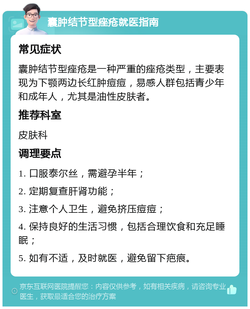 囊肿结节型痤疮就医指南 常见症状 囊肿结节型痤疮是一种严重的痤疮类型，主要表现为下颚两边长红肿痘痘，易感人群包括青少年和成年人，尤其是油性皮肤者。 推荐科室 皮肤科 调理要点 1. 口服泰尔丝，需避孕半年； 2. 定期复查肝肾功能； 3. 注意个人卫生，避免挤压痘痘； 4. 保持良好的生活习惯，包括合理饮食和充足睡眠； 5. 如有不适，及时就医，避免留下疤痕。