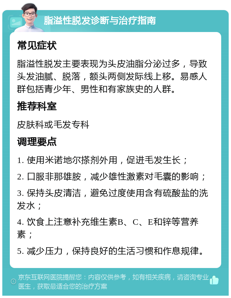 脂溢性脱发诊断与治疗指南 常见症状 脂溢性脱发主要表现为头皮油脂分泌过多，导致头发油腻、脱落，额头两侧发际线上移。易感人群包括青少年、男性和有家族史的人群。 推荐科室 皮肤科或毛发专科 调理要点 1. 使用米诺地尔搽剂外用，促进毛发生长； 2. 口服非那雄胺，减少雄性激素对毛囊的影响； 3. 保持头皮清洁，避免过度使用含有硫酸盐的洗发水； 4. 饮食上注意补充维生素B、C、E和锌等营养素； 5. 减少压力，保持良好的生活习惯和作息规律。