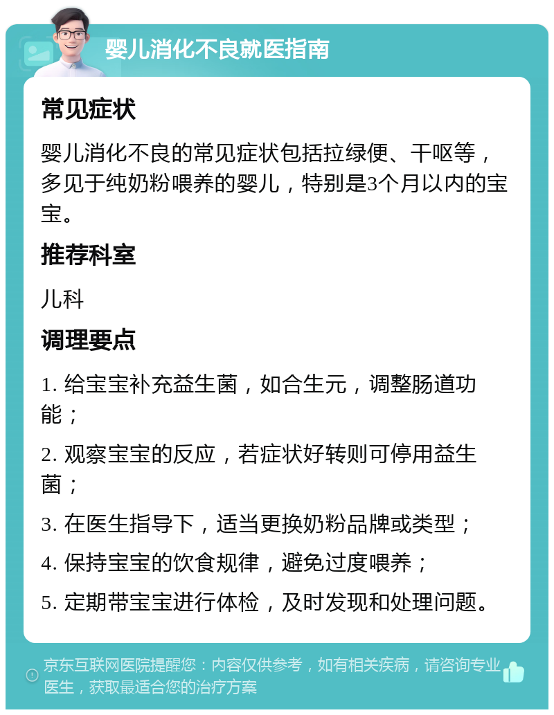 婴儿消化不良就医指南 常见症状 婴儿消化不良的常见症状包括拉绿便、干呕等，多见于纯奶粉喂养的婴儿，特别是3个月以内的宝宝。 推荐科室 儿科 调理要点 1. 给宝宝补充益生菌，如合生元，调整肠道功能； 2. 观察宝宝的反应，若症状好转则可停用益生菌； 3. 在医生指导下，适当更换奶粉品牌或类型； 4. 保持宝宝的饮食规律，避免过度喂养； 5. 定期带宝宝进行体检，及时发现和处理问题。