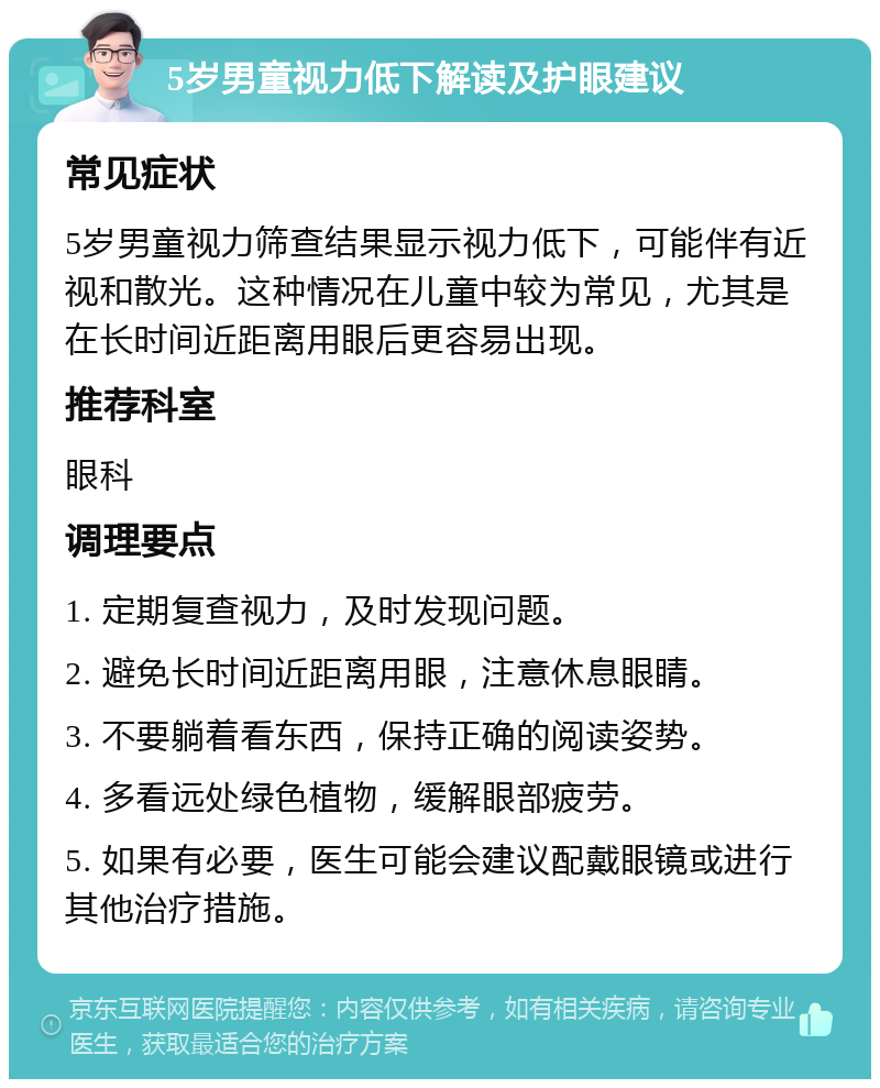 5岁男童视力低下解读及护眼建议 常见症状 5岁男童视力筛查结果显示视力低下，可能伴有近视和散光。这种情况在儿童中较为常见，尤其是在长时间近距离用眼后更容易出现。 推荐科室 眼科 调理要点 1. 定期复查视力，及时发现问题。 2. 避免长时间近距离用眼，注意休息眼睛。 3. 不要躺着看东西，保持正确的阅读姿势。 4. 多看远处绿色植物，缓解眼部疲劳。 5. 如果有必要，医生可能会建议配戴眼镜或进行其他治疗措施。