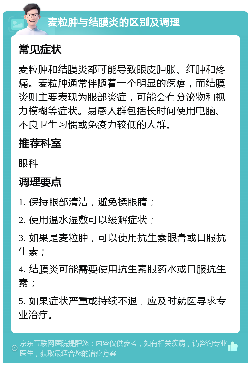 麦粒肿与结膜炎的区别及调理 常见症状 麦粒肿和结膜炎都可能导致眼皮肿胀、红肿和疼痛。麦粒肿通常伴随着一个明显的疙瘩，而结膜炎则主要表现为眼部炎症，可能会有分泌物和视力模糊等症状。易感人群包括长时间使用电脑、不良卫生习惯或免疫力较低的人群。 推荐科室 眼科 调理要点 1. 保持眼部清洁，避免揉眼睛； 2. 使用温水湿敷可以缓解症状； 3. 如果是麦粒肿，可以使用抗生素眼膏或口服抗生素； 4. 结膜炎可能需要使用抗生素眼药水或口服抗生素； 5. 如果症状严重或持续不退，应及时就医寻求专业治疗。