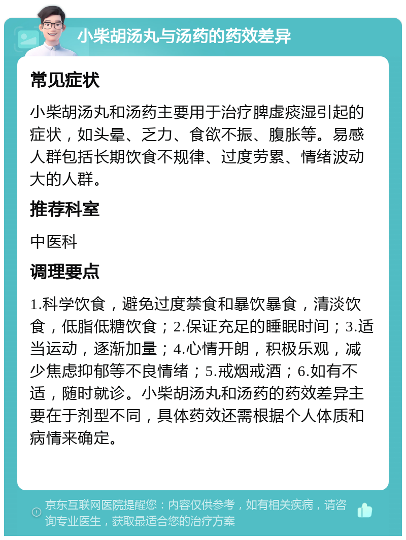 小柴胡汤丸与汤药的药效差异 常见症状 小柴胡汤丸和汤药主要用于治疗脾虚痰湿引起的症状，如头晕、乏力、食欲不振、腹胀等。易感人群包括长期饮食不规律、过度劳累、情绪波动大的人群。 推荐科室 中医科 调理要点 1.科学饮食，避免过度禁食和暴饮暴食，清淡饮食，低脂低糖饮食；2.保证充足的睡眠时间；3.适当运动，逐渐加量；4.心情开朗，积极乐观，减少焦虑抑郁等不良情绪；5.戒烟戒酒；6.如有不适，随时就诊。小柴胡汤丸和汤药的药效差异主要在于剂型不同，具体药效还需根据个人体质和病情来确定。