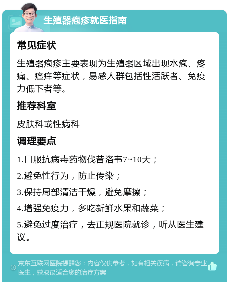 生殖器疱疹就医指南 常见症状 生殖器疱疹主要表现为生殖器区域出现水疱、疼痛、瘙痒等症状，易感人群包括性活跃者、免疫力低下者等。 推荐科室 皮肤科或性病科 调理要点 1.口服抗病毒药物伐昔洛韦7~10天； 2.避免性行为，防止传染； 3.保持局部清洁干燥，避免摩擦； 4.增强免疫力，多吃新鲜水果和蔬菜； 5.避免过度治疗，去正规医院就诊，听从医生建议。