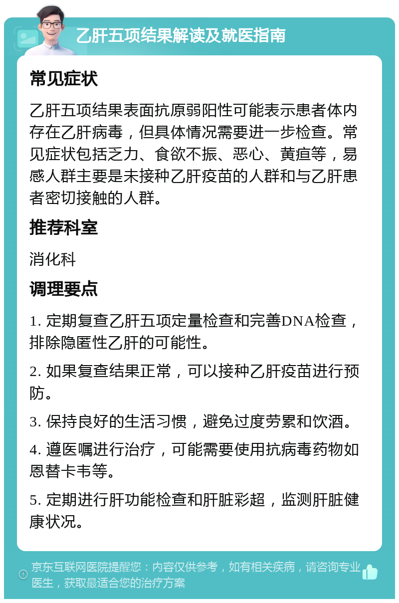 乙肝五项结果解读及就医指南 常见症状 乙肝五项结果表面抗原弱阳性可能表示患者体内存在乙肝病毒，但具体情况需要进一步检查。常见症状包括乏力、食欲不振、恶心、黄疸等，易感人群主要是未接种乙肝疫苗的人群和与乙肝患者密切接触的人群。 推荐科室 消化科 调理要点 1. 定期复查乙肝五项定量检查和完善DNA检查，排除隐匿性乙肝的可能性。 2. 如果复查结果正常，可以接种乙肝疫苗进行预防。 3. 保持良好的生活习惯，避免过度劳累和饮酒。 4. 遵医嘱进行治疗，可能需要使用抗病毒药物如恩替卡韦等。 5. 定期进行肝功能检查和肝脏彩超，监测肝脏健康状况。