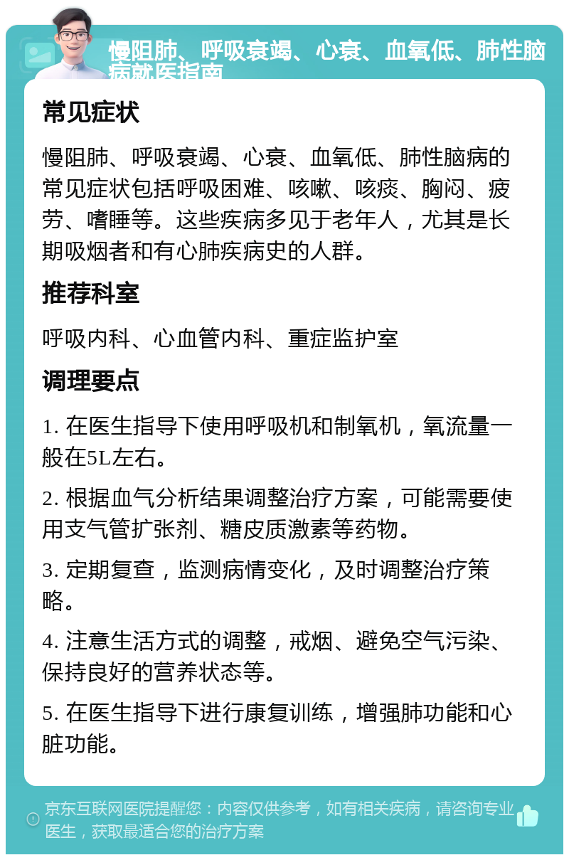 慢阻肺、呼吸衰竭、心衰、血氧低、肺性脑病就医指南 常见症状 慢阻肺、呼吸衰竭、心衰、血氧低、肺性脑病的常见症状包括呼吸困难、咳嗽、咳痰、胸闷、疲劳、嗜睡等。这些疾病多见于老年人，尤其是长期吸烟者和有心肺疾病史的人群。 推荐科室 呼吸内科、心血管内科、重症监护室 调理要点 1. 在医生指导下使用呼吸机和制氧机，氧流量一般在5L左右。 2. 根据血气分析结果调整治疗方案，可能需要使用支气管扩张剂、糖皮质激素等药物。 3. 定期复查，监测病情变化，及时调整治疗策略。 4. 注意生活方式的调整，戒烟、避免空气污染、保持良好的营养状态等。 5. 在医生指导下进行康复训练，增强肺功能和心脏功能。