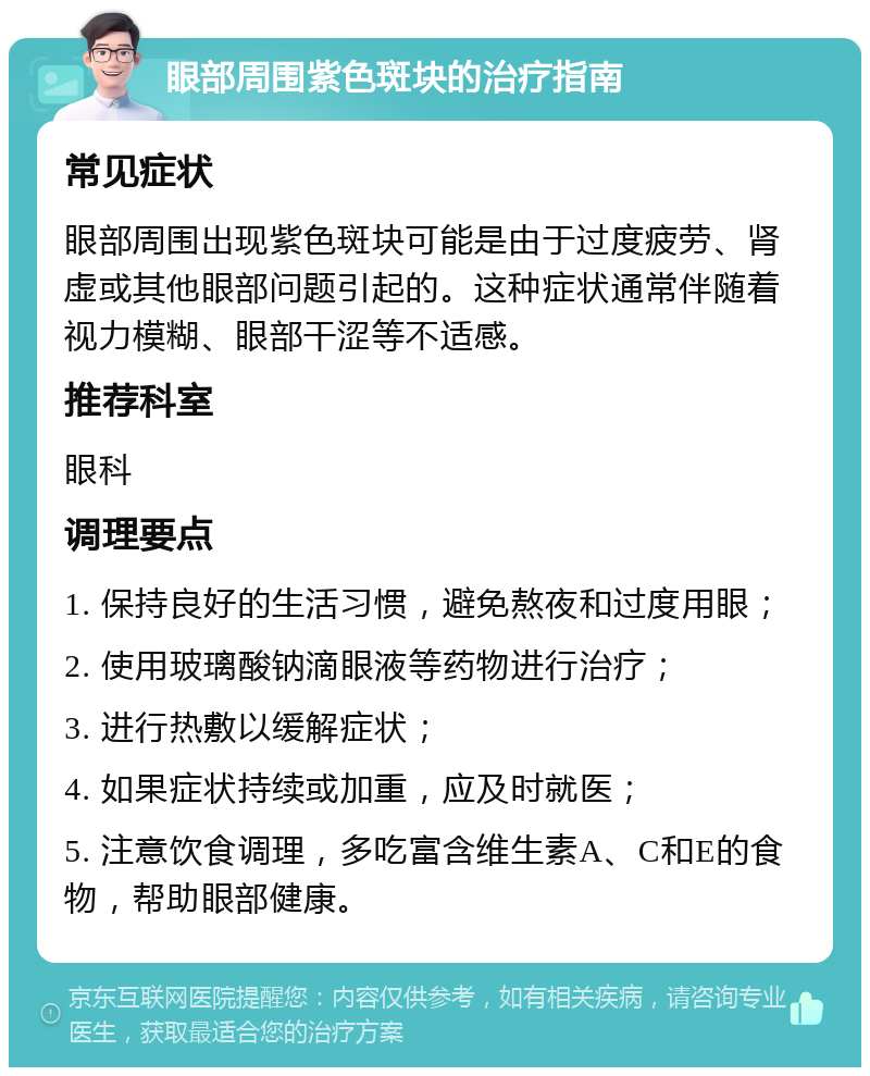 眼部周围紫色斑块的治疗指南 常见症状 眼部周围出现紫色斑块可能是由于过度疲劳、肾虚或其他眼部问题引起的。这种症状通常伴随着视力模糊、眼部干涩等不适感。 推荐科室 眼科 调理要点 1. 保持良好的生活习惯，避免熬夜和过度用眼； 2. 使用玻璃酸钠滴眼液等药物进行治疗； 3. 进行热敷以缓解症状； 4. 如果症状持续或加重，应及时就医； 5. 注意饮食调理，多吃富含维生素A、C和E的食物，帮助眼部健康。