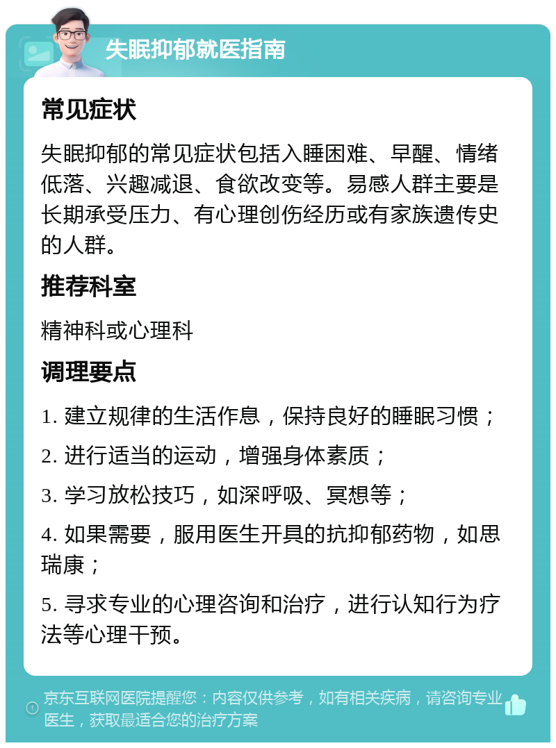 失眠抑郁就医指南 常见症状 失眠抑郁的常见症状包括入睡困难、早醒、情绪低落、兴趣减退、食欲改变等。易感人群主要是长期承受压力、有心理创伤经历或有家族遗传史的人群。 推荐科室 精神科或心理科 调理要点 1. 建立规律的生活作息，保持良好的睡眠习惯； 2. 进行适当的运动，增强身体素质； 3. 学习放松技巧，如深呼吸、冥想等； 4. 如果需要，服用医生开具的抗抑郁药物，如思瑞康； 5. 寻求专业的心理咨询和治疗，进行认知行为疗法等心理干预。