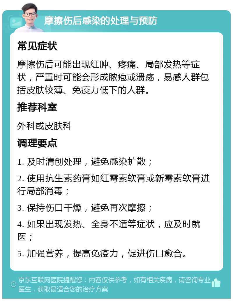 摩擦伤后感染的处理与预防 常见症状 摩擦伤后可能出现红肿、疼痛、局部发热等症状，严重时可能会形成脓疱或溃疡，易感人群包括皮肤较薄、免疫力低下的人群。 推荐科室 外科或皮肤科 调理要点 1. 及时清创处理，避免感染扩散； 2. 使用抗生素药膏如红霉素软膏或新霉素软膏进行局部消毒； 3. 保持伤口干燥，避免再次摩擦； 4. 如果出现发热、全身不适等症状，应及时就医； 5. 加强营养，提高免疫力，促进伤口愈合。