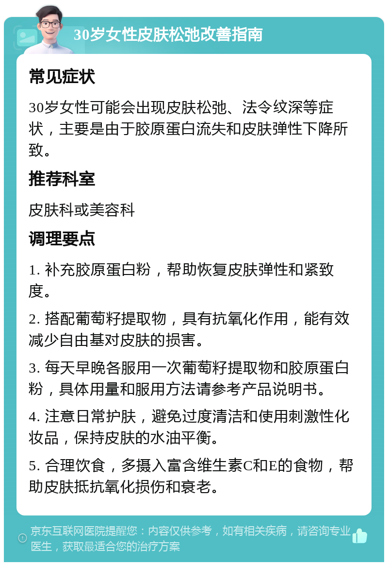 30岁女性皮肤松弛改善指南 常见症状 30岁女性可能会出现皮肤松弛、法令纹深等症状，主要是由于胶原蛋白流失和皮肤弹性下降所致。 推荐科室 皮肤科或美容科 调理要点 1. 补充胶原蛋白粉，帮助恢复皮肤弹性和紧致度。 2. 搭配葡萄籽提取物，具有抗氧化作用，能有效减少自由基对皮肤的损害。 3. 每天早晚各服用一次葡萄籽提取物和胶原蛋白粉，具体用量和服用方法请参考产品说明书。 4. 注意日常护肤，避免过度清洁和使用刺激性化妆品，保持皮肤的水油平衡。 5. 合理饮食，多摄入富含维生素C和E的食物，帮助皮肤抵抗氧化损伤和衰老。