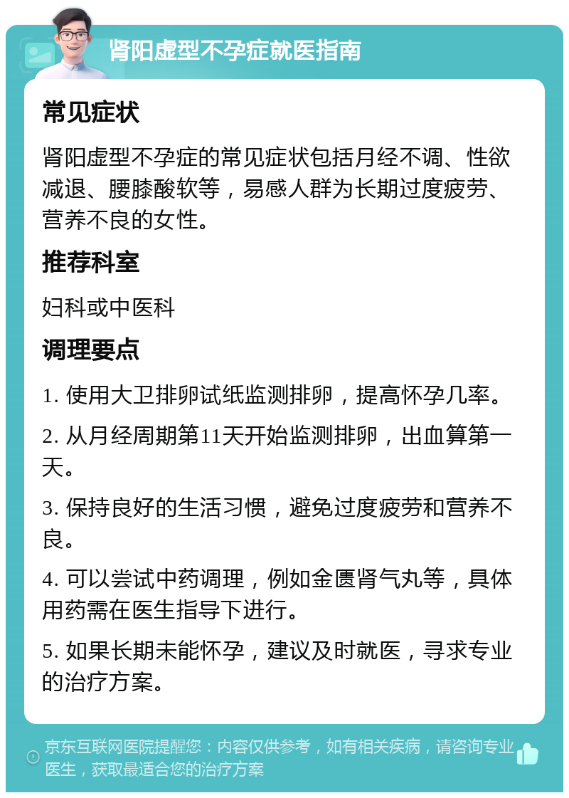 肾阳虚型不孕症就医指南 常见症状 肾阳虚型不孕症的常见症状包括月经不调、性欲减退、腰膝酸软等，易感人群为长期过度疲劳、营养不良的女性。 推荐科室 妇科或中医科 调理要点 1. 使用大卫排卵试纸监测排卵，提高怀孕几率。 2. 从月经周期第11天开始监测排卵，出血算第一天。 3. 保持良好的生活习惯，避免过度疲劳和营养不良。 4. 可以尝试中药调理，例如金匮肾气丸等，具体用药需在医生指导下进行。 5. 如果长期未能怀孕，建议及时就医，寻求专业的治疗方案。