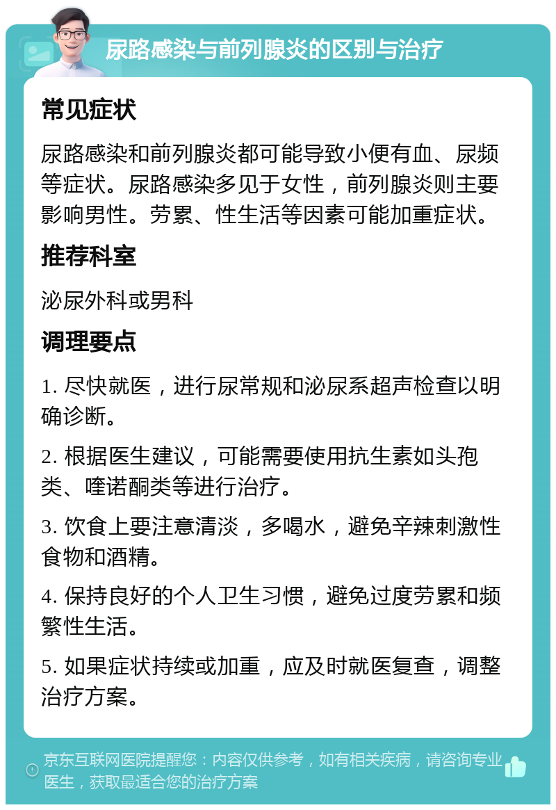 尿路感染与前列腺炎的区别与治疗 常见症状 尿路感染和前列腺炎都可能导致小便有血、尿频等症状。尿路感染多见于女性，前列腺炎则主要影响男性。劳累、性生活等因素可能加重症状。 推荐科室 泌尿外科或男科 调理要点 1. 尽快就医，进行尿常规和泌尿系超声检查以明确诊断。 2. 根据医生建议，可能需要使用抗生素如头孢类、喹诺酮类等进行治疗。 3. 饮食上要注意清淡，多喝水，避免辛辣刺激性食物和酒精。 4. 保持良好的个人卫生习惯，避免过度劳累和频繁性生活。 5. 如果症状持续或加重，应及时就医复查，调整治疗方案。