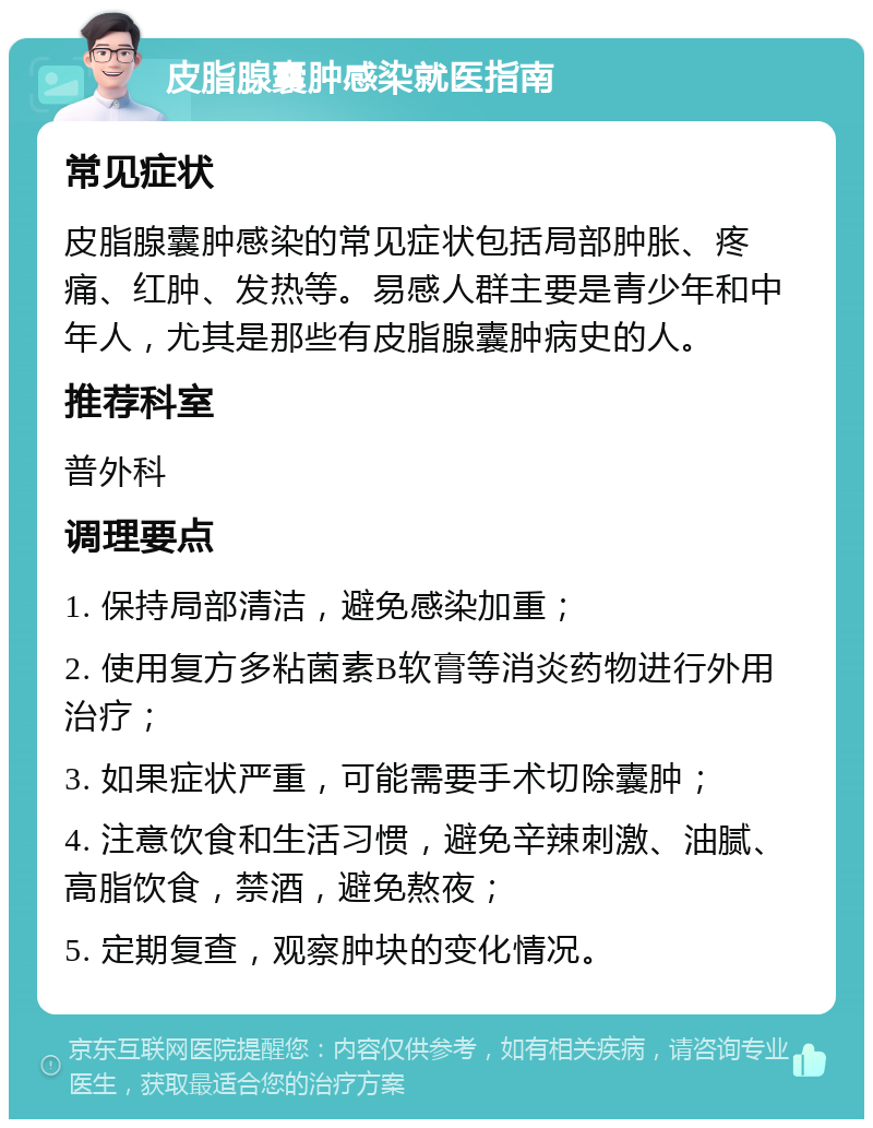 皮脂腺囊肿感染就医指南 常见症状 皮脂腺囊肿感染的常见症状包括局部肿胀、疼痛、红肿、发热等。易感人群主要是青少年和中年人，尤其是那些有皮脂腺囊肿病史的人。 推荐科室 普外科 调理要点 1. 保持局部清洁，避免感染加重； 2. 使用复方多粘菌素B软膏等消炎药物进行外用治疗； 3. 如果症状严重，可能需要手术切除囊肿； 4. 注意饮食和生活习惯，避免辛辣刺激、油腻、高脂饮食，禁酒，避免熬夜； 5. 定期复查，观察肿块的变化情况。