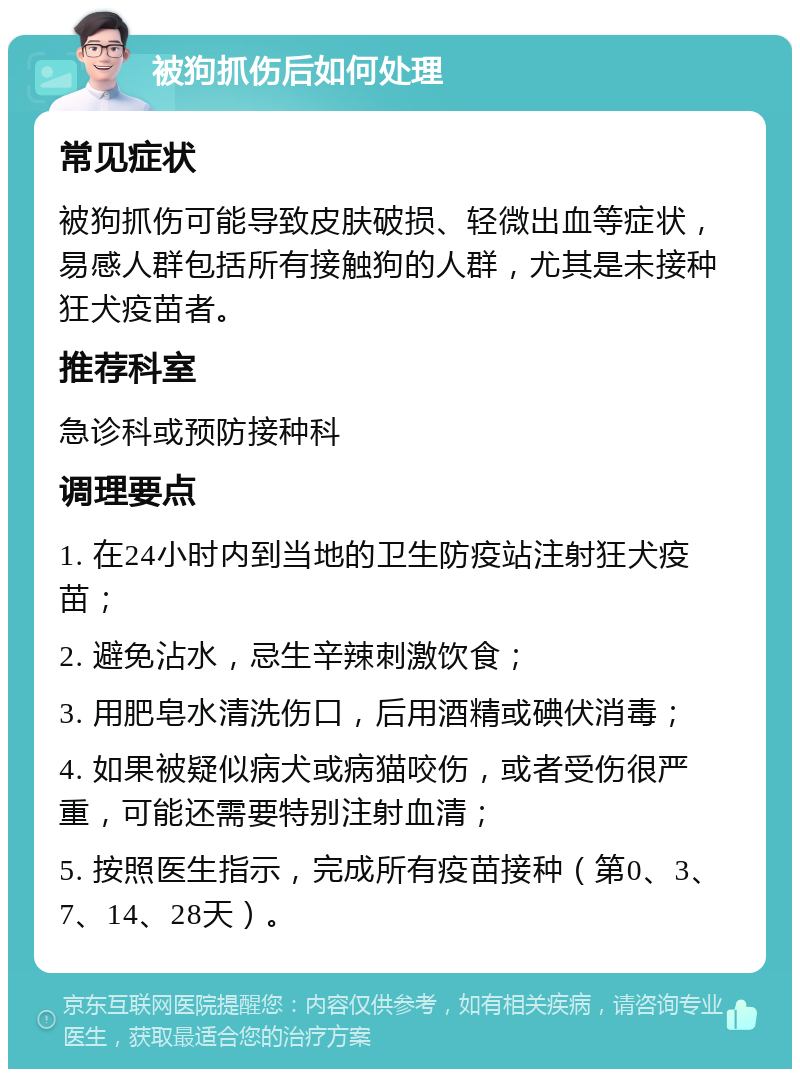 被狗抓伤后如何处理 常见症状 被狗抓伤可能导致皮肤破损、轻微出血等症状，易感人群包括所有接触狗的人群，尤其是未接种狂犬疫苗者。 推荐科室 急诊科或预防接种科 调理要点 1. 在24小时内到当地的卫生防疫站注射狂犬疫苗； 2. 避免沾水，忌生辛辣刺激饮食； 3. 用肥皂水清洗伤口，后用酒精或碘伏消毒； 4. 如果被疑似病犬或病猫咬伤，或者受伤很严重，可能还需要特别注射血清； 5. 按照医生指示，完成所有疫苗接种（第0、3、7、14、28天）。