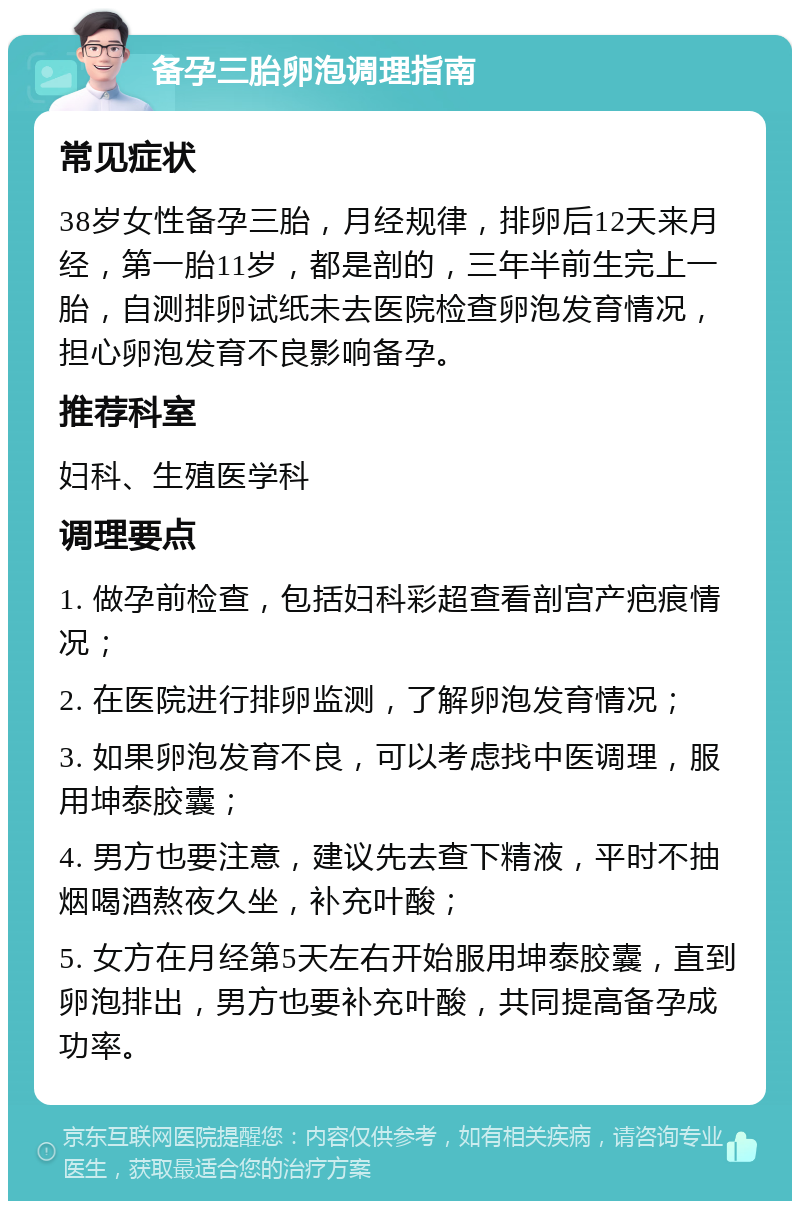 备孕三胎卵泡调理指南 常见症状 38岁女性备孕三胎，月经规律，排卵后12天来月经，第一胎11岁，都是剖的，三年半前生完上一胎，自测排卵试纸未去医院检查卵泡发育情况，担心卵泡发育不良影响备孕。 推荐科室 妇科、生殖医学科 调理要点 1. 做孕前检查，包括妇科彩超查看剖宫产疤痕情况； 2. 在医院进行排卵监测，了解卵泡发育情况； 3. 如果卵泡发育不良，可以考虑找中医调理，服用坤泰胶囊； 4. 男方也要注意，建议先去查下精液，平时不抽烟喝酒熬夜久坐，补充叶酸； 5. 女方在月经第5天左右开始服用坤泰胶囊，直到卵泡排出，男方也要补充叶酸，共同提高备孕成功率。