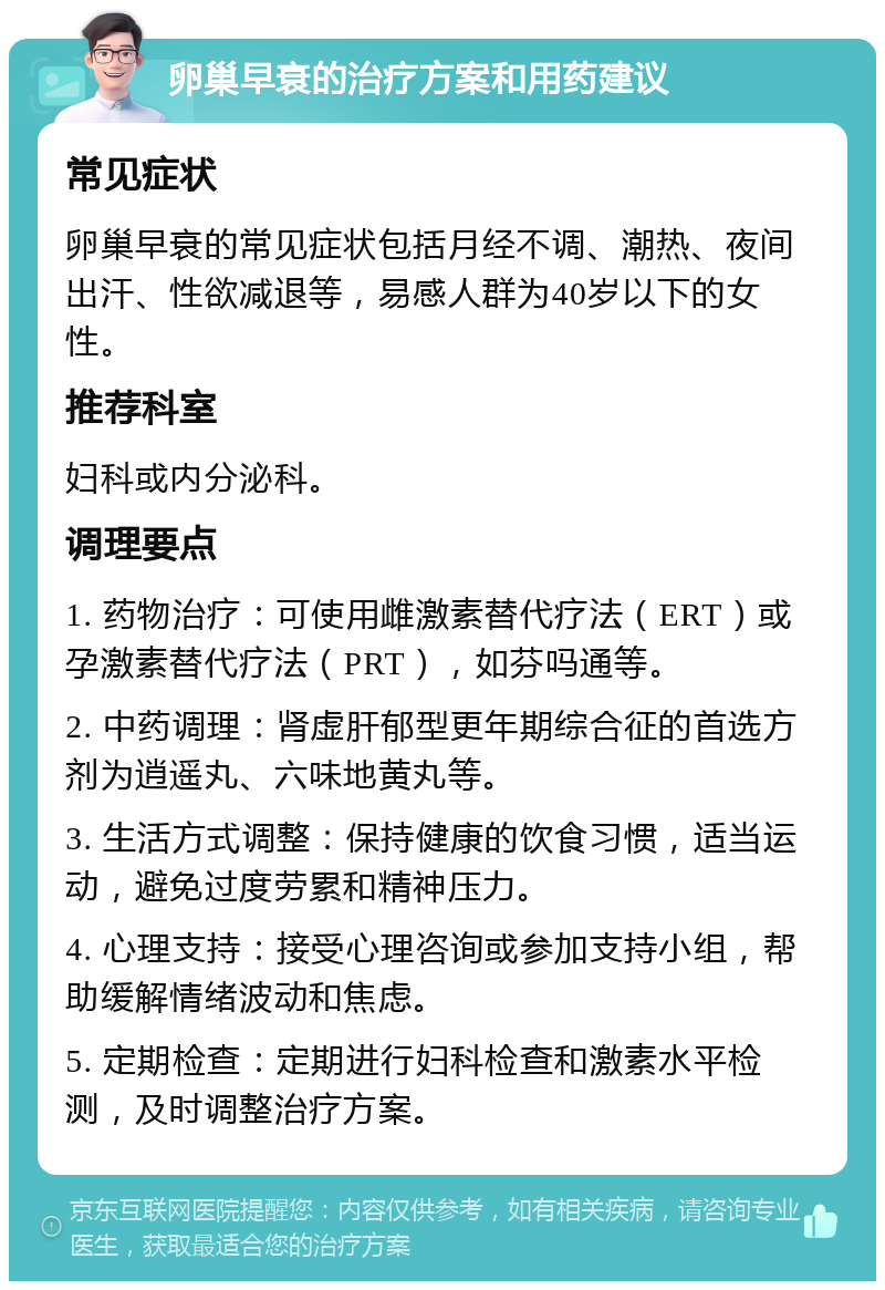 卵巢早衰的治疗方案和用药建议 常见症状 卵巢早衰的常见症状包括月经不调、潮热、夜间出汗、性欲减退等，易感人群为40岁以下的女性。 推荐科室 妇科或内分泌科。 调理要点 1. 药物治疗：可使用雌激素替代疗法（ERT）或孕激素替代疗法（PRT），如芬吗通等。 2. 中药调理：肾虚肝郁型更年期综合征的首选方剂为逍遥丸、六味地黄丸等。 3. 生活方式调整：保持健康的饮食习惯，适当运动，避免过度劳累和精神压力。 4. 心理支持：接受心理咨询或参加支持小组，帮助缓解情绪波动和焦虑。 5. 定期检查：定期进行妇科检查和激素水平检测，及时调整治疗方案。