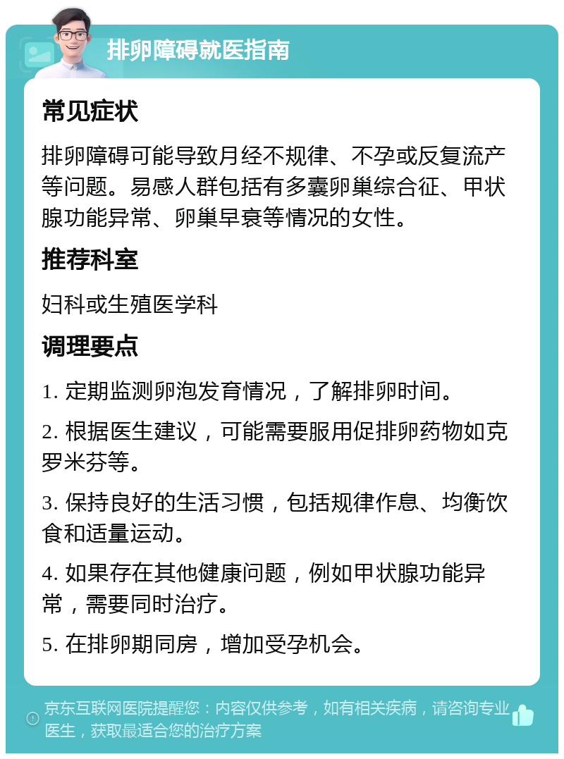 排卵障碍就医指南 常见症状 排卵障碍可能导致月经不规律、不孕或反复流产等问题。易感人群包括有多囊卵巢综合征、甲状腺功能异常、卵巢早衰等情况的女性。 推荐科室 妇科或生殖医学科 调理要点 1. 定期监测卵泡发育情况，了解排卵时间。 2. 根据医生建议，可能需要服用促排卵药物如克罗米芬等。 3. 保持良好的生活习惯，包括规律作息、均衡饮食和适量运动。 4. 如果存在其他健康问题，例如甲状腺功能异常，需要同时治疗。 5. 在排卵期同房，增加受孕机会。