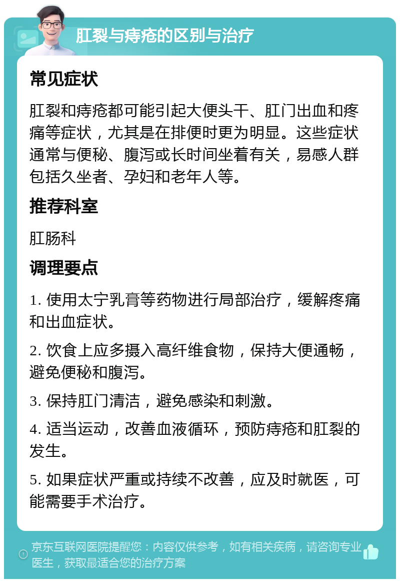 肛裂与痔疮的区别与治疗 常见症状 肛裂和痔疮都可能引起大便头干、肛门出血和疼痛等症状，尤其是在排便时更为明显。这些症状通常与便秘、腹泻或长时间坐着有关，易感人群包括久坐者、孕妇和老年人等。 推荐科室 肛肠科 调理要点 1. 使用太宁乳膏等药物进行局部治疗，缓解疼痛和出血症状。 2. 饮食上应多摄入高纤维食物，保持大便通畅，避免便秘和腹泻。 3. 保持肛门清洁，避免感染和刺激。 4. 适当运动，改善血液循环，预防痔疮和肛裂的发生。 5. 如果症状严重或持续不改善，应及时就医，可能需要手术治疗。