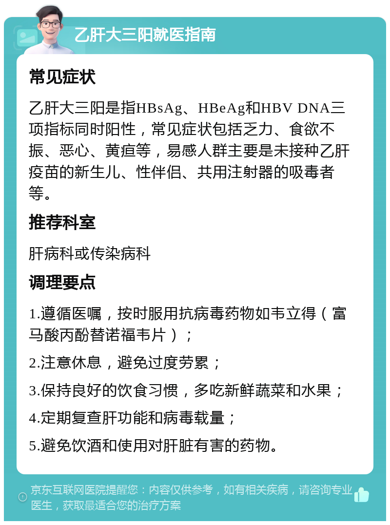 乙肝大三阳就医指南 常见症状 乙肝大三阳是指HBsAg、HBeAg和HBV DNA三项指标同时阳性，常见症状包括乏力、食欲不振、恶心、黄疸等，易感人群主要是未接种乙肝疫苗的新生儿、性伴侣、共用注射器的吸毒者等。 推荐科室 肝病科或传染病科 调理要点 1.遵循医嘱，按时服用抗病毒药物如韦立得（富马酸丙酚替诺福韦片）； 2.注意休息，避免过度劳累； 3.保持良好的饮食习惯，多吃新鲜蔬菜和水果； 4.定期复查肝功能和病毒载量； 5.避免饮酒和使用对肝脏有害的药物。