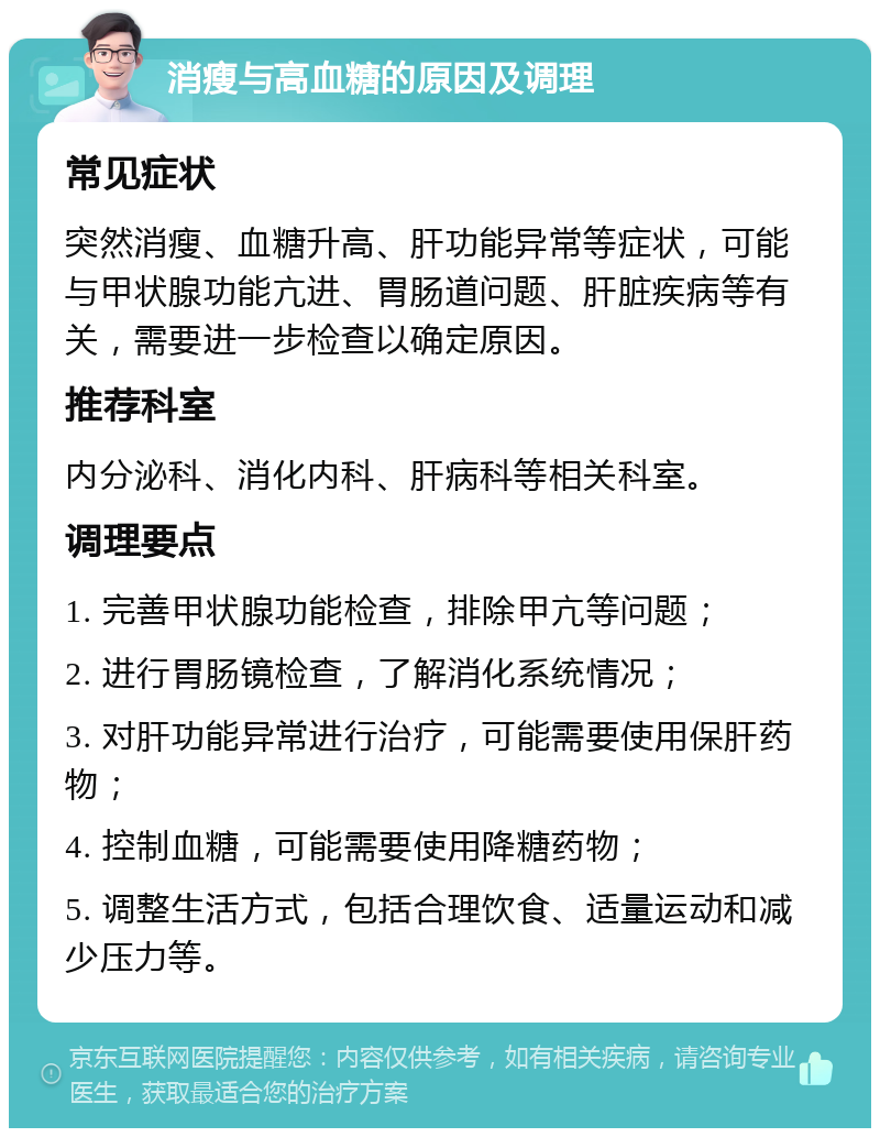 消瘦与高血糖的原因及调理 常见症状 突然消瘦、血糖升高、肝功能异常等症状，可能与甲状腺功能亢进、胃肠道问题、肝脏疾病等有关，需要进一步检查以确定原因。 推荐科室 内分泌科、消化内科、肝病科等相关科室。 调理要点 1. 完善甲状腺功能检查，排除甲亢等问题； 2. 进行胃肠镜检查，了解消化系统情况； 3. 对肝功能异常进行治疗，可能需要使用保肝药物； 4. 控制血糖，可能需要使用降糖药物； 5. 调整生活方式，包括合理饮食、适量运动和减少压力等。