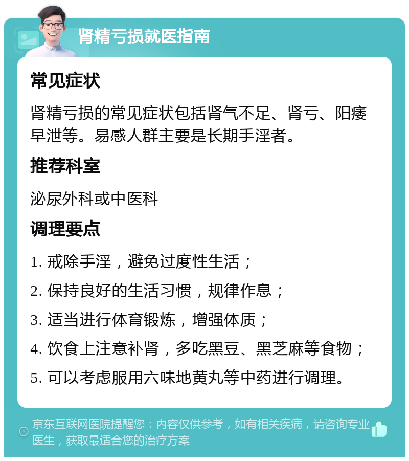 肾精亏损就医指南 常见症状 肾精亏损的常见症状包括肾气不足、肾亏、阳痿早泄等。易感人群主要是长期手淫者。 推荐科室 泌尿外科或中医科 调理要点 1. 戒除手淫，避免过度性生活； 2. 保持良好的生活习惯，规律作息； 3. 适当进行体育锻炼，增强体质； 4. 饮食上注意补肾，多吃黑豆、黑芝麻等食物； 5. 可以考虑服用六味地黄丸等中药进行调理。