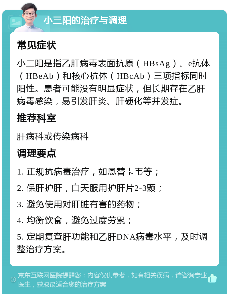 小三阳的治疗与调理 常见症状 小三阳是指乙肝病毒表面抗原（HBsAg）、e抗体（HBeAb）和核心抗体（HBcAb）三项指标同时阳性。患者可能没有明显症状，但长期存在乙肝病毒感染，易引发肝炎、肝硬化等并发症。 推荐科室 肝病科或传染病科 调理要点 1. 正规抗病毒治疗，如恩替卡韦等； 2. 保肝护肝，白天服用护肝片2-3颗； 3. 避免使用对肝脏有害的药物； 4. 均衡饮食，避免过度劳累； 5. 定期复查肝功能和乙肝DNA病毒水平，及时调整治疗方案。