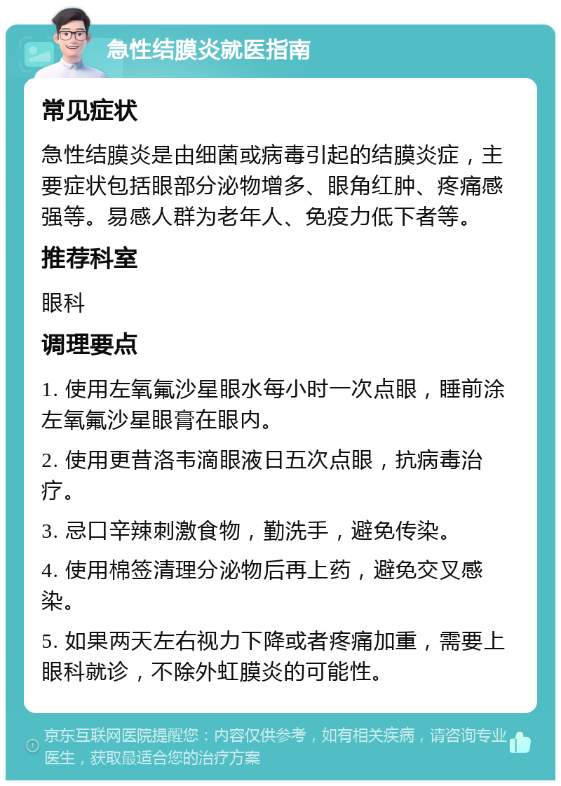 急性结膜炎就医指南 常见症状 急性结膜炎是由细菌或病毒引起的结膜炎症，主要症状包括眼部分泌物增多、眼角红肿、疼痛感强等。易感人群为老年人、免疫力低下者等。 推荐科室 眼科 调理要点 1. 使用左氧氟沙星眼水每小时一次点眼，睡前涂左氧氟沙星眼膏在眼内。 2. 使用更昔洛韦滴眼液日五次点眼，抗病毒治疗。 3. 忌口辛辣刺激食物，勤洗手，避免传染。 4. 使用棉签清理分泌物后再上药，避免交叉感染。 5. 如果两天左右视力下降或者疼痛加重，需要上眼科就诊，不除外虹膜炎的可能性。