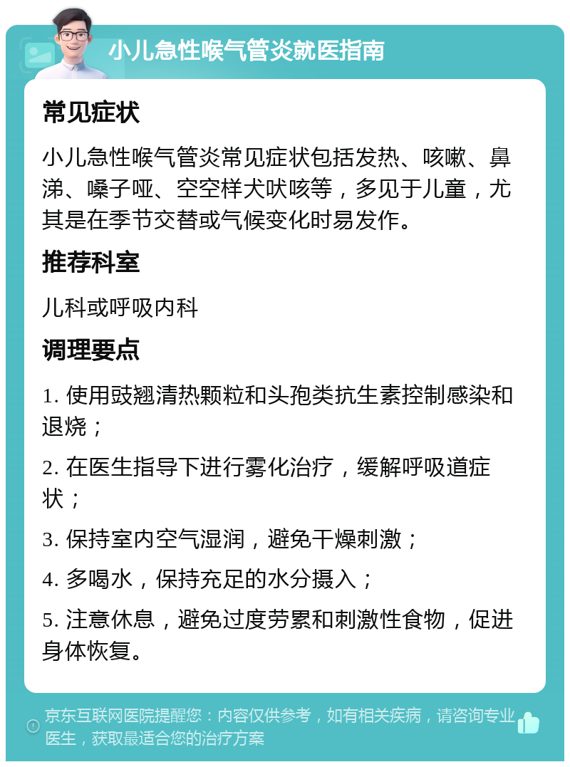 小儿急性喉气管炎就医指南 常见症状 小儿急性喉气管炎常见症状包括发热、咳嗽、鼻涕、嗓子哑、空空样犬吠咳等，多见于儿童，尤其是在季节交替或气候变化时易发作。 推荐科室 儿科或呼吸内科 调理要点 1. 使用豉翘清热颗粒和头孢类抗生素控制感染和退烧； 2. 在医生指导下进行雾化治疗，缓解呼吸道症状； 3. 保持室内空气湿润，避免干燥刺激； 4. 多喝水，保持充足的水分摄入； 5. 注意休息，避免过度劳累和刺激性食物，促进身体恢复。