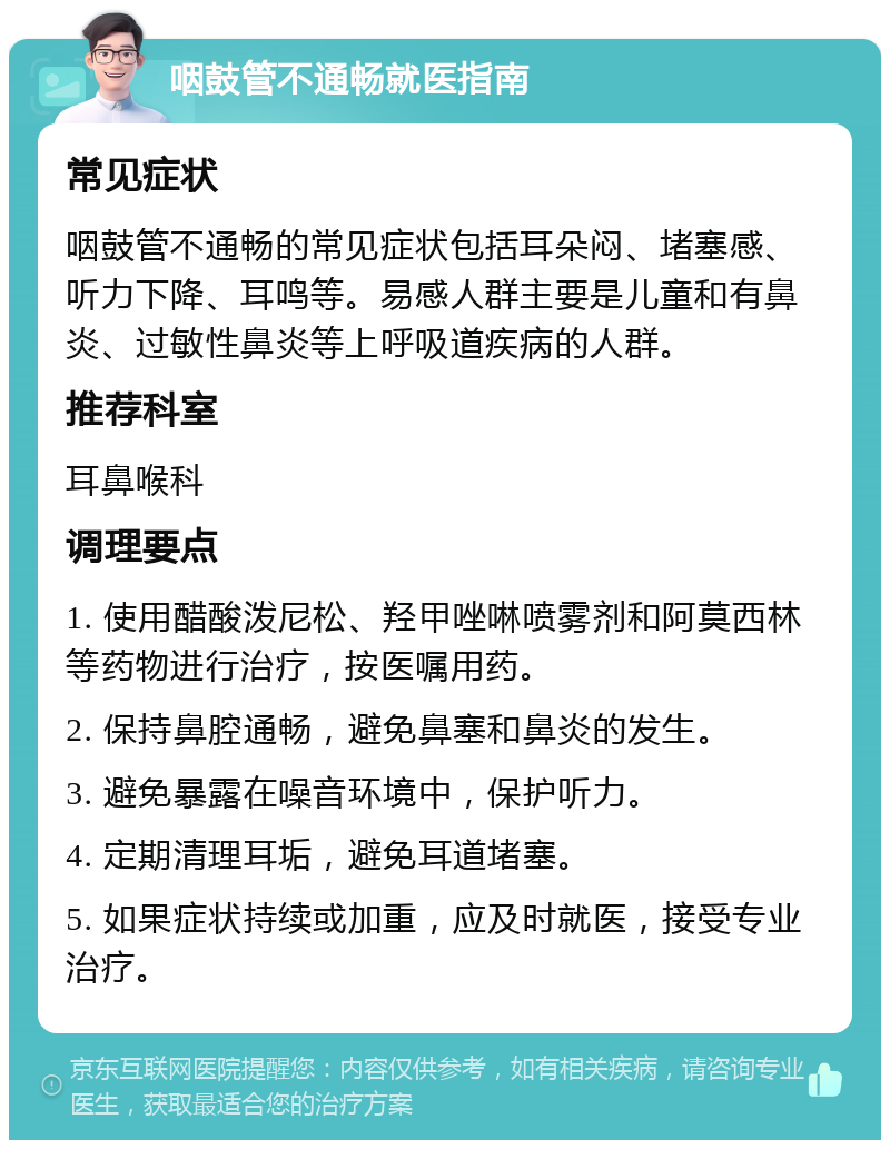 咽鼓管不通畅就医指南 常见症状 咽鼓管不通畅的常见症状包括耳朵闷、堵塞感、听力下降、耳鸣等。易感人群主要是儿童和有鼻炎、过敏性鼻炎等上呼吸道疾病的人群。 推荐科室 耳鼻喉科 调理要点 1. 使用醋酸泼尼松、羟甲唑啉喷雾剂和阿莫西林等药物进行治疗，按医嘱用药。 2. 保持鼻腔通畅，避免鼻塞和鼻炎的发生。 3. 避免暴露在噪音环境中，保护听力。 4. 定期清理耳垢，避免耳道堵塞。 5. 如果症状持续或加重，应及时就医，接受专业治疗。