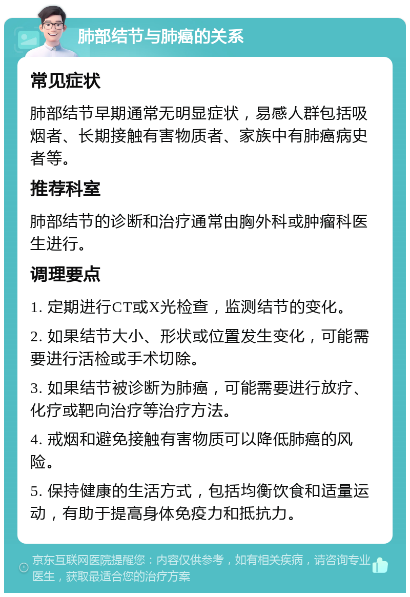 肺部结节与肺癌的关系 常见症状 肺部结节早期通常无明显症状，易感人群包括吸烟者、长期接触有害物质者、家族中有肺癌病史者等。 推荐科室 肺部结节的诊断和治疗通常由胸外科或肿瘤科医生进行。 调理要点 1. 定期进行CT或X光检查，监测结节的变化。 2. 如果结节大小、形状或位置发生变化，可能需要进行活检或手术切除。 3. 如果结节被诊断为肺癌，可能需要进行放疗、化疗或靶向治疗等治疗方法。 4. 戒烟和避免接触有害物质可以降低肺癌的风险。 5. 保持健康的生活方式，包括均衡饮食和适量运动，有助于提高身体免疫力和抵抗力。