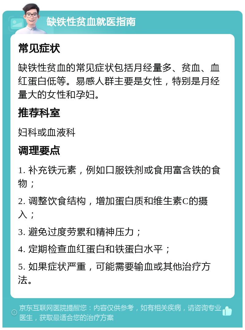 缺铁性贫血就医指南 常见症状 缺铁性贫血的常见症状包括月经量多、贫血、血红蛋白低等。易感人群主要是女性，特别是月经量大的女性和孕妇。 推荐科室 妇科或血液科 调理要点 1. 补充铁元素，例如口服铁剂或食用富含铁的食物； 2. 调整饮食结构，增加蛋白质和维生素C的摄入； 3. 避免过度劳累和精神压力； 4. 定期检查血红蛋白和铁蛋白水平； 5. 如果症状严重，可能需要输血或其他治疗方法。