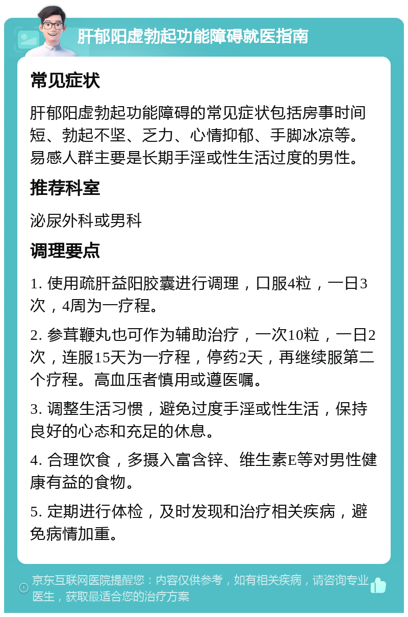 肝郁阳虚勃起功能障碍就医指南 常见症状 肝郁阳虚勃起功能障碍的常见症状包括房事时间短、勃起不坚、乏力、心情抑郁、手脚冰凉等。易感人群主要是长期手淫或性生活过度的男性。 推荐科室 泌尿外科或男科 调理要点 1. 使用疏肝益阳胶囊进行调理，口服4粒，一日3次，4周为一疗程。 2. 参茸鞭丸也可作为辅助治疗，一次10粒，一日2次，连服15天为一疗程，停药2天，再继续服第二个疗程。高血压者慎用或遵医嘱。 3. 调整生活习惯，避免过度手淫或性生活，保持良好的心态和充足的休息。 4. 合理饮食，多摄入富含锌、维生素E等对男性健康有益的食物。 5. 定期进行体检，及时发现和治疗相关疾病，避免病情加重。