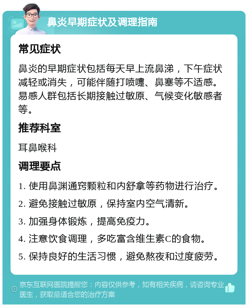 鼻炎早期症状及调理指南 常见症状 鼻炎的早期症状包括每天早上流鼻涕，下午症状减轻或消失，可能伴随打喷嚏、鼻塞等不适感。易感人群包括长期接触过敏原、气候变化敏感者等。 推荐科室 耳鼻喉科 调理要点 1. 使用鼻渊通窍颗粒和内舒拿等药物进行治疗。 2. 避免接触过敏原，保持室内空气清新。 3. 加强身体锻炼，提高免疫力。 4. 注意饮食调理，多吃富含维生素C的食物。 5. 保持良好的生活习惯，避免熬夜和过度疲劳。