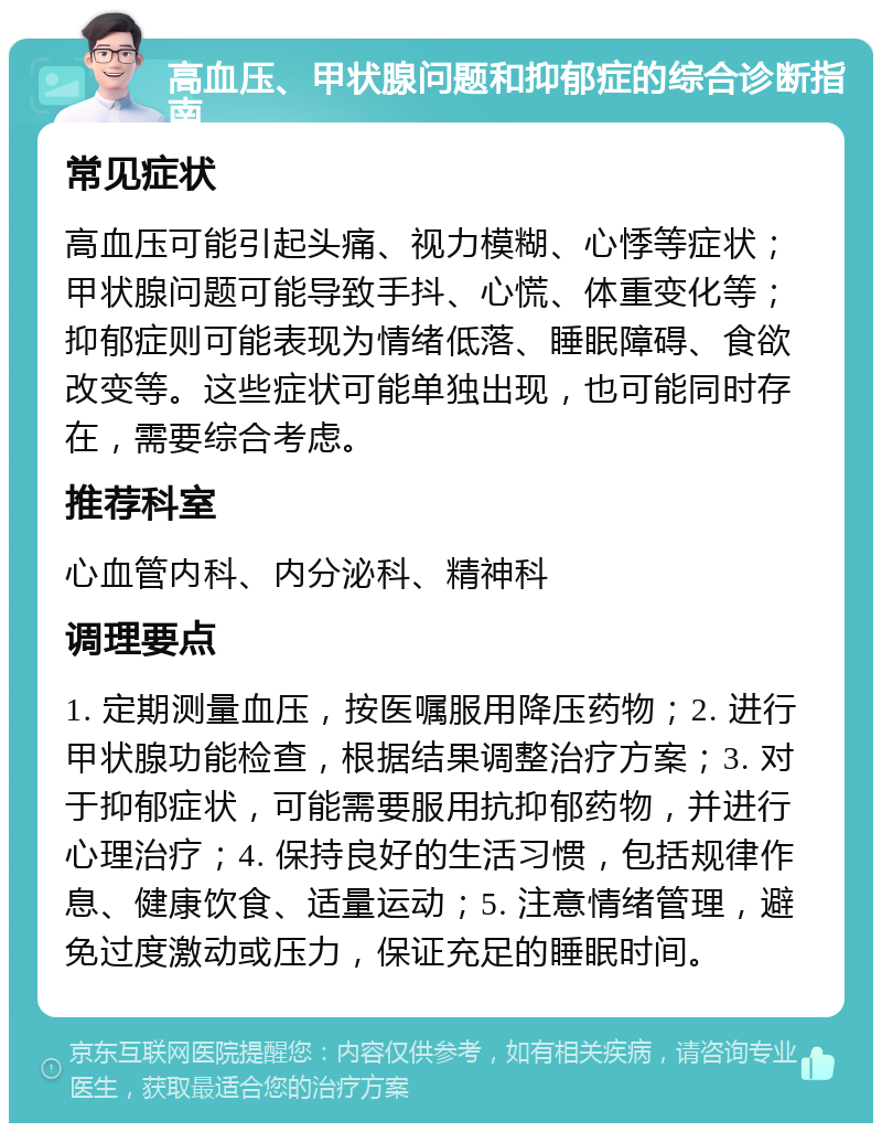 高血压、甲状腺问题和抑郁症的综合诊断指南 常见症状 高血压可能引起头痛、视力模糊、心悸等症状；甲状腺问题可能导致手抖、心慌、体重变化等；抑郁症则可能表现为情绪低落、睡眠障碍、食欲改变等。这些症状可能单独出现，也可能同时存在，需要综合考虑。 推荐科室 心血管内科、内分泌科、精神科 调理要点 1. 定期测量血压，按医嘱服用降压药物；2. 进行甲状腺功能检查，根据结果调整治疗方案；3. 对于抑郁症状，可能需要服用抗抑郁药物，并进行心理治疗；4. 保持良好的生活习惯，包括规律作息、健康饮食、适量运动；5. 注意情绪管理，避免过度激动或压力，保证充足的睡眠时间。