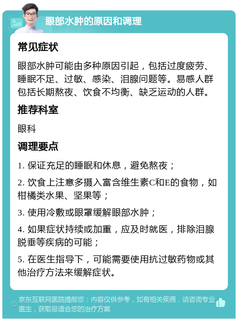 眼部水肿的原因和调理 常见症状 眼部水肿可能由多种原因引起，包括过度疲劳、睡眠不足、过敏、感染、泪腺问题等。易感人群包括长期熬夜、饮食不均衡、缺乏运动的人群。 推荐科室 眼科 调理要点 1. 保证充足的睡眠和休息，避免熬夜； 2. 饮食上注意多摄入富含维生素C和E的食物，如柑橘类水果、坚果等； 3. 使用冷敷或眼罩缓解眼部水肿； 4. 如果症状持续或加重，应及时就医，排除泪腺脱垂等疾病的可能； 5. 在医生指导下，可能需要使用抗过敏药物或其他治疗方法来缓解症状。