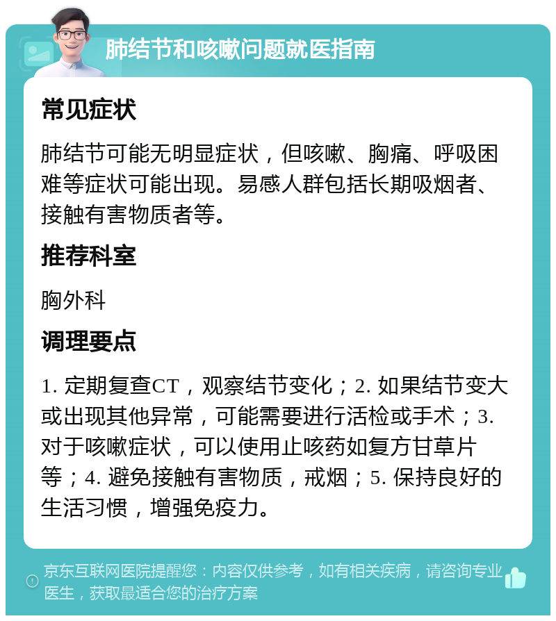 肺结节和咳嗽问题就医指南 常见症状 肺结节可能无明显症状，但咳嗽、胸痛、呼吸困难等症状可能出现。易感人群包括长期吸烟者、接触有害物质者等。 推荐科室 胸外科 调理要点 1. 定期复查CT，观察结节变化；2. 如果结节变大或出现其他异常，可能需要进行活检或手术；3. 对于咳嗽症状，可以使用止咳药如复方甘草片等；4. 避免接触有害物质，戒烟；5. 保持良好的生活习惯，增强免疫力。