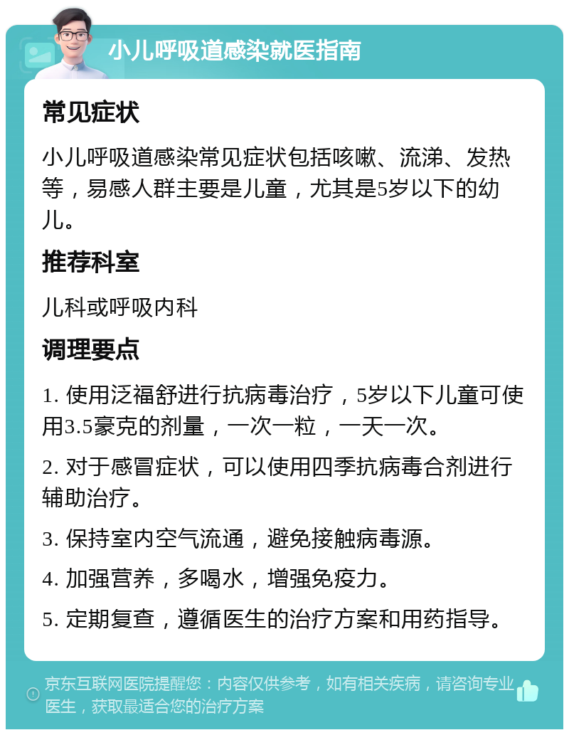 小儿呼吸道感染就医指南 常见症状 小儿呼吸道感染常见症状包括咳嗽、流涕、发热等，易感人群主要是儿童，尤其是5岁以下的幼儿。 推荐科室 儿科或呼吸内科 调理要点 1. 使用泛福舒进行抗病毒治疗，5岁以下儿童可使用3.5豪克的剂量，一次一粒，一天一次。 2. 对于感冒症状，可以使用四季抗病毒合剂进行辅助治疗。 3. 保持室内空气流通，避免接触病毒源。 4. 加强营养，多喝水，增强免疫力。 5. 定期复查，遵循医生的治疗方案和用药指导。