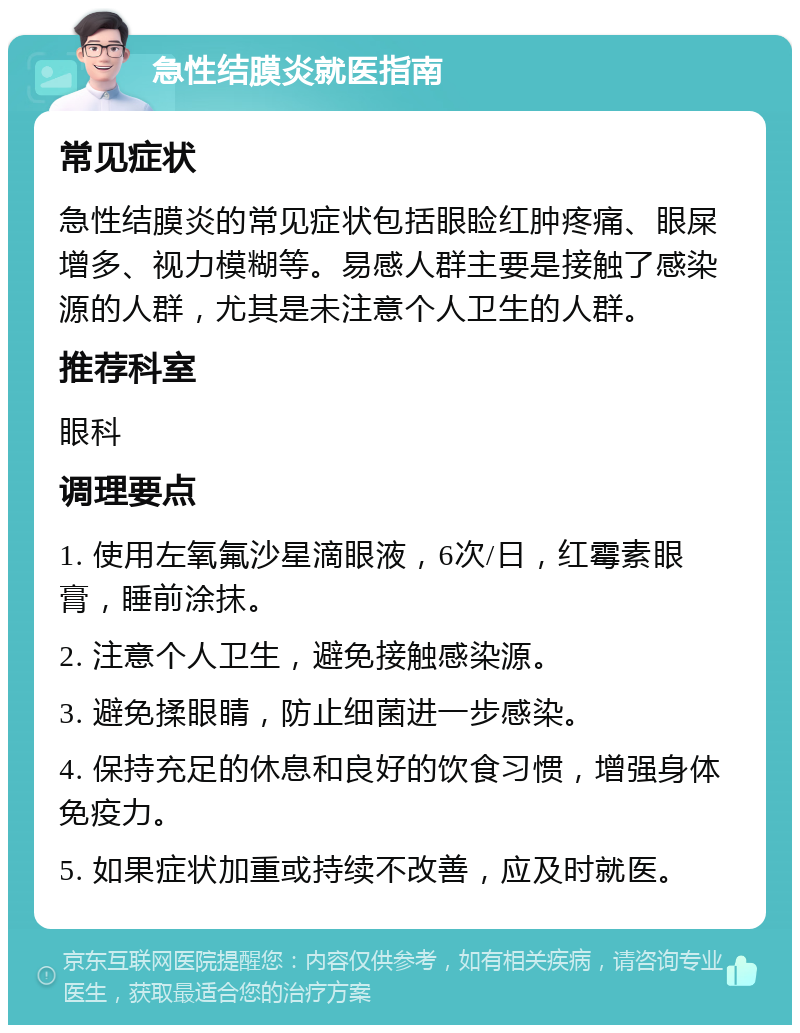 急性结膜炎就医指南 常见症状 急性结膜炎的常见症状包括眼睑红肿疼痛、眼屎增多、视力模糊等。易感人群主要是接触了感染源的人群，尤其是未注意个人卫生的人群。 推荐科室 眼科 调理要点 1. 使用左氧氟沙星滴眼液，6次/日，红霉素眼膏，睡前涂抹。 2. 注意个人卫生，避免接触感染源。 3. 避免揉眼睛，防止细菌进一步感染。 4. 保持充足的休息和良好的饮食习惯，增强身体免疫力。 5. 如果症状加重或持续不改善，应及时就医。