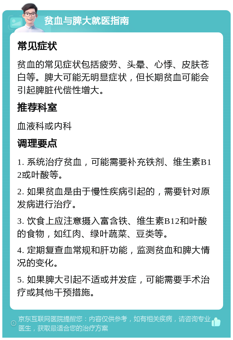 贫血与脾大就医指南 常见症状 贫血的常见症状包括疲劳、头晕、心悸、皮肤苍白等。脾大可能无明显症状，但长期贫血可能会引起脾脏代偿性增大。 推荐科室 血液科或内科 调理要点 1. 系统治疗贫血，可能需要补充铁剂、维生素B12或叶酸等。 2. 如果贫血是由于慢性疾病引起的，需要针对原发病进行治疗。 3. 饮食上应注意摄入富含铁、维生素B12和叶酸的食物，如红肉、绿叶蔬菜、豆类等。 4. 定期复查血常规和肝功能，监测贫血和脾大情况的变化。 5. 如果脾大引起不适或并发症，可能需要手术治疗或其他干预措施。