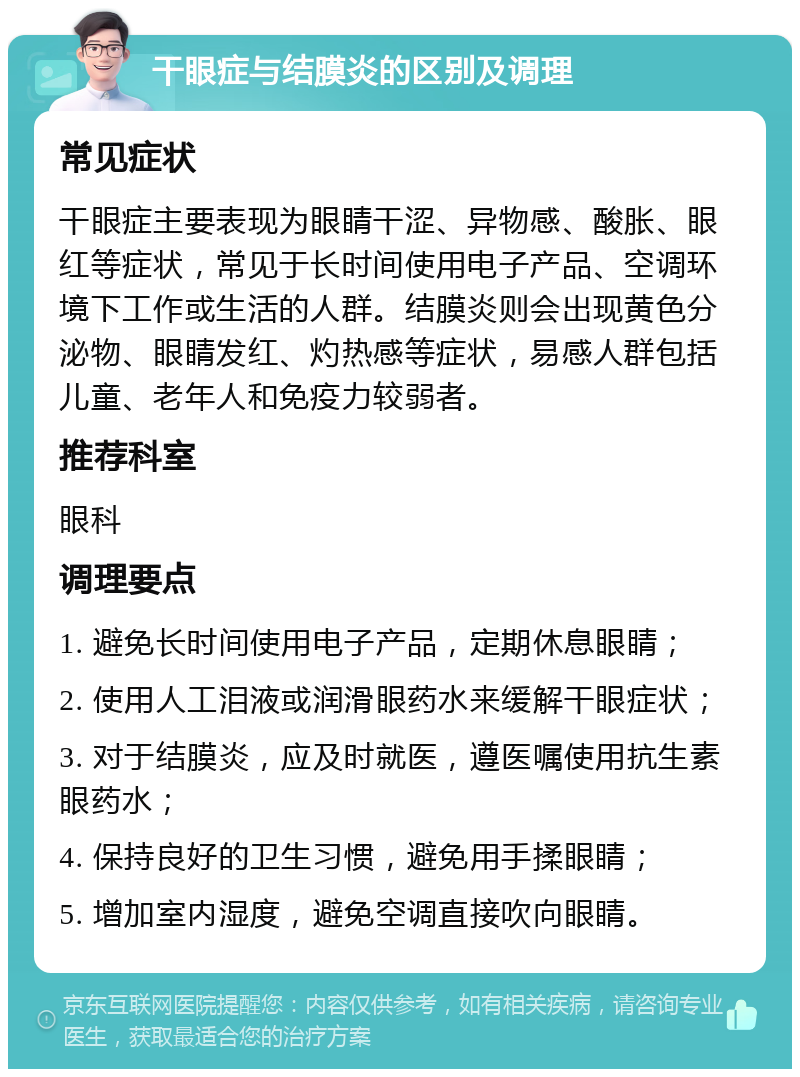 干眼症与结膜炎的区别及调理 常见症状 干眼症主要表现为眼睛干涩、异物感、酸胀、眼红等症状，常见于长时间使用电子产品、空调环境下工作或生活的人群。结膜炎则会出现黄色分泌物、眼睛发红、灼热感等症状，易感人群包括儿童、老年人和免疫力较弱者。 推荐科室 眼科 调理要点 1. 避免长时间使用电子产品，定期休息眼睛； 2. 使用人工泪液或润滑眼药水来缓解干眼症状； 3. 对于结膜炎，应及时就医，遵医嘱使用抗生素眼药水； 4. 保持良好的卫生习惯，避免用手揉眼睛； 5. 增加室内湿度，避免空调直接吹向眼睛。