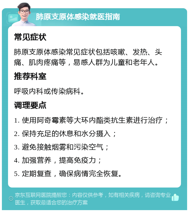 肺原支原体感染就医指南 常见症状 肺原支原体感染常见症状包括咳嗽、发热、头痛、肌肉疼痛等，易感人群为儿童和老年人。 推荐科室 呼吸内科或传染病科。 调理要点 1. 使用阿奇霉素等大环内酯类抗生素进行治疗； 2. 保持充足的休息和水分摄入； 3. 避免接触烟雾和污染空气； 4. 加强营养，提高免疫力； 5. 定期复查，确保病情完全恢复。