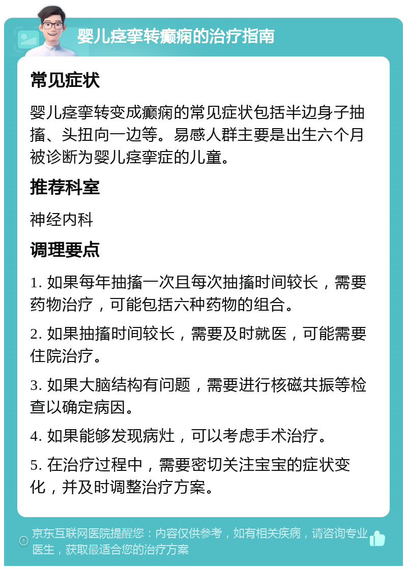 婴儿痉挛转癫痫的治疗指南 常见症状 婴儿痉挛转变成癫痫的常见症状包括半边身子抽搐、头扭向一边等。易感人群主要是出生六个月被诊断为婴儿痉挛症的儿童。 推荐科室 神经内科 调理要点 1. 如果每年抽搐一次且每次抽搐时间较长，需要药物治疗，可能包括六种药物的组合。 2. 如果抽搐时间较长，需要及时就医，可能需要住院治疗。 3. 如果大脑结构有问题，需要进行核磁共振等检查以确定病因。 4. 如果能够发现病灶，可以考虑手术治疗。 5. 在治疗过程中，需要密切关注宝宝的症状变化，并及时调整治疗方案。