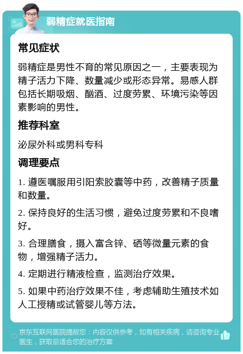 弱精症就医指南 常见症状 弱精症是男性不育的常见原因之一，主要表现为精子活力下降、数量减少或形态异常。易感人群包括长期吸烟、酗酒、过度劳累、环境污染等因素影响的男性。 推荐科室 泌尿外科或男科专科 调理要点 1. 遵医嘱服用引阳索胶囊等中药，改善精子质量和数量。 2. 保持良好的生活习惯，避免过度劳累和不良嗜好。 3. 合理膳食，摄入富含锌、硒等微量元素的食物，增强精子活力。 4. 定期进行精液检查，监测治疗效果。 5. 如果中药治疗效果不佳，考虑辅助生殖技术如人工授精或试管婴儿等方法。