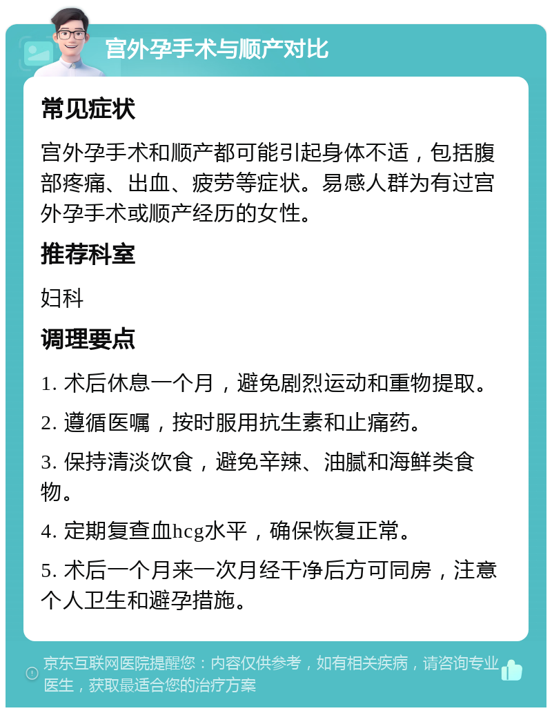 宫外孕手术与顺产对比 常见症状 宫外孕手术和顺产都可能引起身体不适，包括腹部疼痛、出血、疲劳等症状。易感人群为有过宫外孕手术或顺产经历的女性。 推荐科室 妇科 调理要点 1. 术后休息一个月，避免剧烈运动和重物提取。 2. 遵循医嘱，按时服用抗生素和止痛药。 3. 保持清淡饮食，避免辛辣、油腻和海鲜类食物。 4. 定期复查血hcg水平，确保恢复正常。 5. 术后一个月来一次月经干净后方可同房，注意个人卫生和避孕措施。