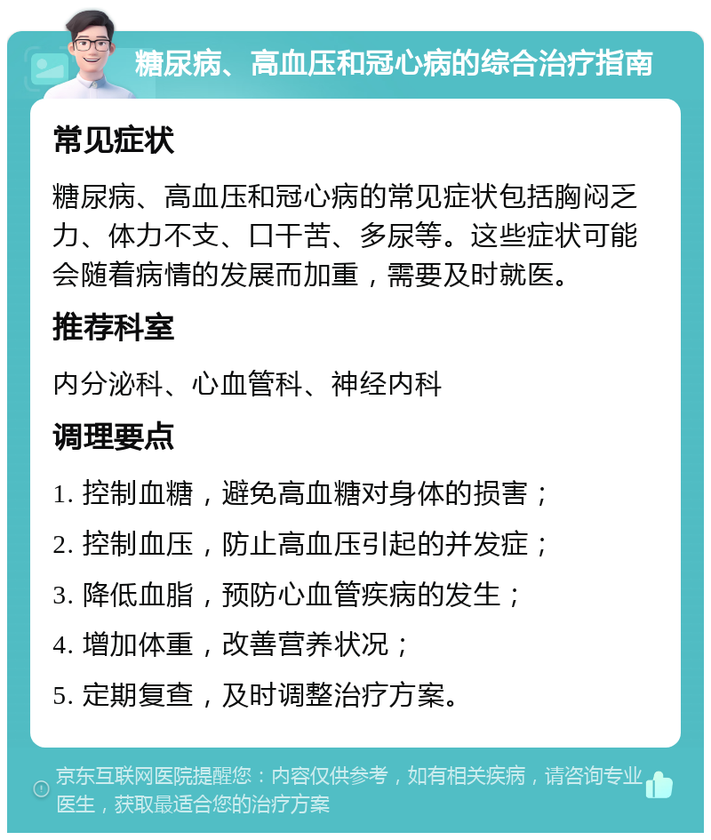 糖尿病、高血压和冠心病的综合治疗指南 常见症状 糖尿病、高血压和冠心病的常见症状包括胸闷乏力、体力不支、口干苦、多尿等。这些症状可能会随着病情的发展而加重，需要及时就医。 推荐科室 内分泌科、心血管科、神经内科 调理要点 1. 控制血糖，避免高血糖对身体的损害； 2. 控制血压，防止高血压引起的并发症； 3. 降低血脂，预防心血管疾病的发生； 4. 增加体重，改善营养状况； 5. 定期复查，及时调整治疗方案。